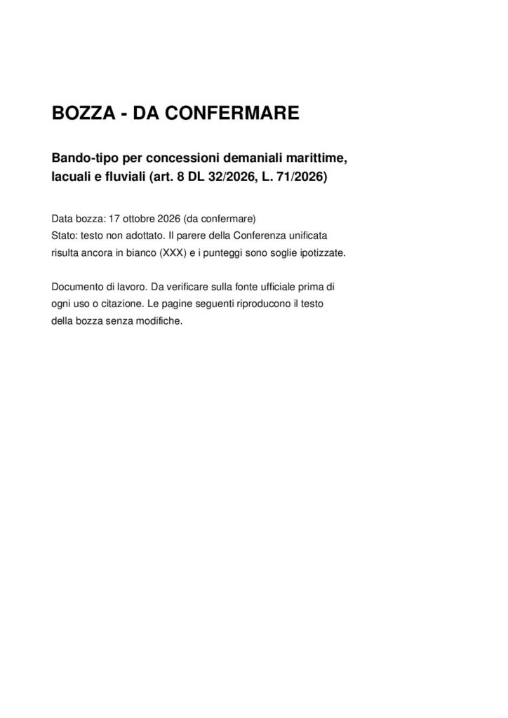 Prima pagina della bozza di bando-tipo per le concessioni demaniali, con la dicitura Bozza da confermare